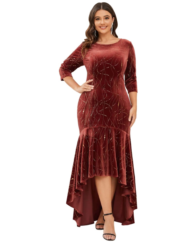 Front of a model wearing a size 14 Women's Stylish Bodycon High-Low Velvet Party Dress in Brick Red by Ever-Pretty. | dia_product_style_image_id:325266